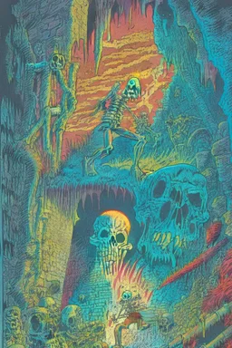 ,Digital illustration of horror genre comic book cover from the 1980s, giant larger than life skeleton picks up tiny humans as they try to run away from inside the cave, macabre, gorey, 1970 illustration art style, absurdist, conye.color pencils, ink, counter culture, dystopian, retro futuris. 90s riot girl look, punk aesthetics, collage, psychedelic, grime, textured, mixed media with a british pop culture influence, maximalism, feminist icon,