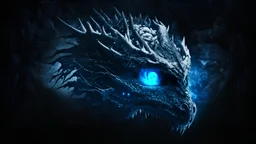 frozen visible human brain in the head of a dragon, fully ditails, 4K, artistic, dramatic, black blurry background, futuristic, a balck dragon with blue eyes, dragon's head is fully in center, with a black empty space around