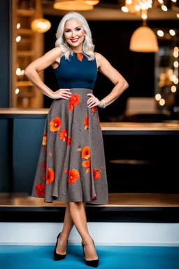 full body of very beautiful ukrain lady wearing cream_brown pretty midi flared dress ,white gray hair ,standing idle happy pose in studio