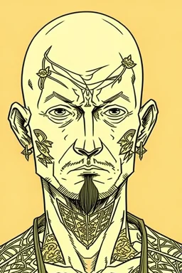 Portrait of male hunan with no hair, tatooes on his face, comics Frank Cho style