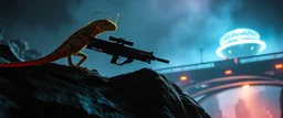 volume fog light, hyper real close up on rock ant lizard cricket gremlin man general with hi tech transcendent weapon arsenal from hell, guarding bridge up to space saucer neon plastic transparent