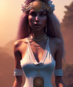 Gipsy, beautiful, curvy body, white fabric dress, beautiful long hair, bandana covering head, long earings, head and shoulders portrait, holding tarot card, 8k resolution concept art portrait by Greg Rutkowski, Unreal Engine 5 volumetric lighting