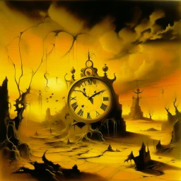 A yellow glowing ruins with clocks in a thunderstorm painted by Salvador Dali