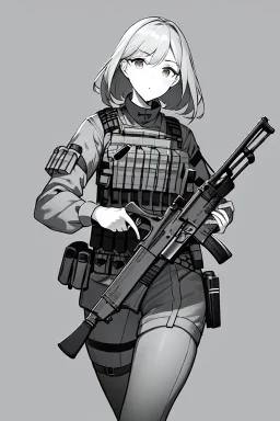 military girl takes out gun, greyscale