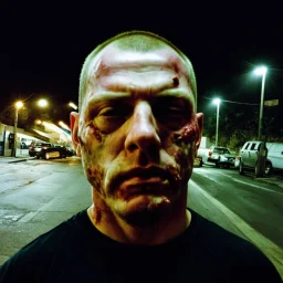 very grainy discolored photo, portrait, dark night street, grunge, 2000s Russia, punk, outcast, rough, confident, older male, extremely pale skin, flesh bulbs grow out of his face, face is disproportionally deformed, hunchback, sewer dweller