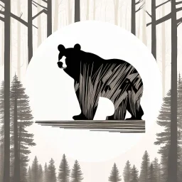 M shaped bear head combined with woods silhouette in backround, letterpress style, minimalistic pencil art