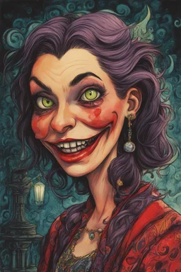 a cartoon illustration of a schizophrenic goth vampire girl , in the cartoon style of Lynda Barry , Ernie Pook's Comeek, vibrant natural colors, , museum quality masterpiece