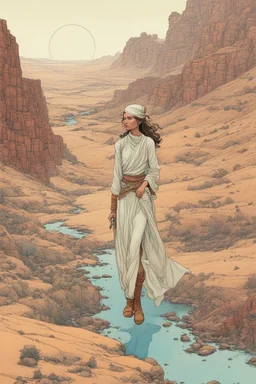 create a surreal, enigmatic, otherworldly, nomadic shepherdess inhabiting an ethereal desert canyon land in the comic book style of Jean Giraud Moebius, David Hoskins, and Enki Bilal, precisely drawn, inked, and colored