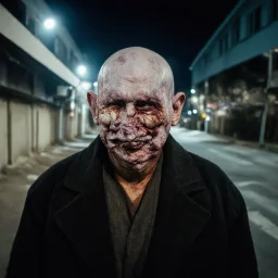 very grainy discolored photo, portrait, dark night street, grunge, 2000s Russia, punk, outcast, rough, confident, bald older male wearing a coat, extremely pale skin, large flesh bulbs grow out of his face and covering a lot of it, face is disproportionally deformed, hunchback, sewer dweller