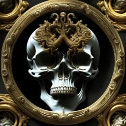 the source of future growth dramatic, elaborate emotive metallic Baroque and Rococo styles to emphasise death as a transcendental, seamless pattern, symmetrical, large motifs, sistine chapel ceiling, 8k image, sharp focus, gothic mothifs and (skulls:1) in rococo style, black metal forge, black colors, perfect symmetry, 3D, no blur, sharp focus, photorealistic, insanely detailed and intricate, cinematic lighting, Octane render, epic scene, 8K