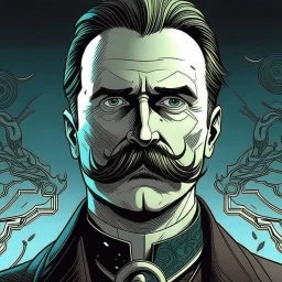Futuristic, cyberpunk implants, Friedrich Nietzsche, Friedrich Nietzsche mustache, Comic style
