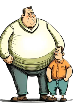 a fat man, sitting on top of a thin tall man. Cartoon.