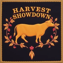 an autumn colored textured cloth embroidered ornamental leaves and cattle, pointed bottom, on dark background, embroidered text across top "HARVEST SHOWDOWN" block text, Canadian western cowboy style