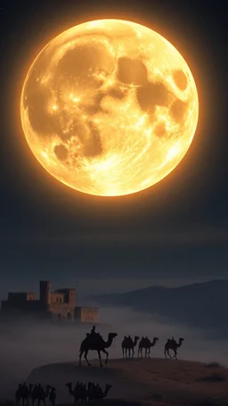 Visualize a breathtaking scene where a magnificent, glowing full moon dominates the night sky, its luminescence casting a warm, vintage glow over the landscape. The moon's surface is intricately detailed, showcasing craters and valleys that tell a story of celestial beauty. Below, an old castle ruins, and camels caravan , The ground is carpeted with a layer of mist that swirl