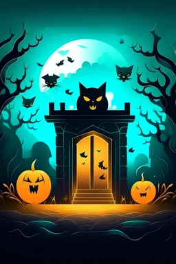"Create an AI logo design for Halloween with a haunted twist. Picture a spooky cat surrounded by eerie mist and moonlight. Add playful elements like ghostly figures, bats, and a jack-o'-lantern on the doorstep, capturing the essence of a ghostly Halloween night."