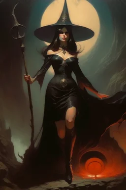 1970's dark medieval fantasy cover dnd style oil painting of a pinup witch in a minimalist far perspective.