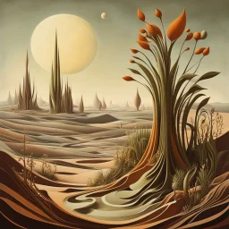 she was uncertain of how she became a victim of her own abstract thinking, her mind beset by a thousand fritillary mechanistic organisms , neo surrealism, biomorphic , striking, atmospheric, dreamlike, enigmatic, sculptural and curvilinear in the style of Yves Tanguy , Kay Sage in soft, rich plant based organic colors, hyper detailed , cinegraphic realism, 4k