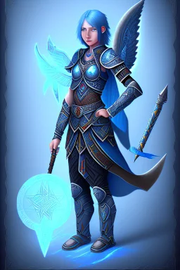 a person in runic armor with blue wings, blue short hair, runic tattoo and spell book