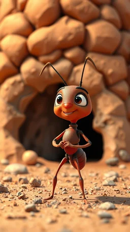 3D Animated Pixar Style: A heartwarming scene with Andy "determined-looking ant" the determined ant standing proudly in front of the anthill.