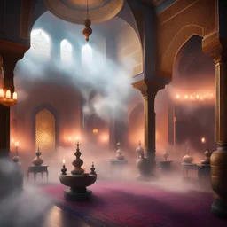 Luxurious persian palace, mist, magic, jinn, extremely thick fog, riches, smoke, feast, hookah, indoor