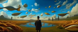 Salvador Dali meeting Hieronymus Bosch at an outdoor surrealist market, a herd of dream-like sky-fish swim high in the distance, surreal outdoor summer scene with intricate fractal sky, very high detail, photorealistic, 8K