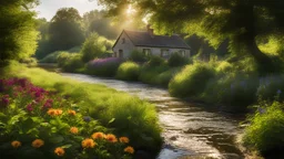 Beautiful realistic rural landscape, warm sunshine, lush plant growth, flowers, brook, peaceful, delightful, idyllic, cottage, award-winning photograph, detail, beautiful composition, attractive colour, chiaroscuro, rule of thirds