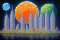 Imoressionist painting of one mile tall plastic moon city Towers made out of stacked Rubik's Cubes, Orange, white, blue, green. Jewel tones