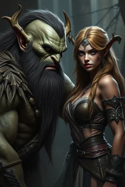 brutish male orc with pretty human female. dark fantasy. photorealistc