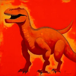 A salmon orange colored earth elemental Tyrannosaurus Rex designed in Australian aboriginal art painted by Mark Rothko