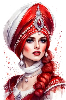watercolor drawing of a Russian red kokoshnik with pearls on a white background, Trending on Artstation, {creative commons}, fanart, AIart, {Woolitize}, by Charlie Bowater, Illustration, Color Grading, Filmic, Nikon D750, Brenizer Method, Perspective, Depth of Field, Field of View, F/2.8, Lens Flare, Tonal Colors, 8K, Full-HD, ProPhoto RGB, Perfectionism, Rim Lighting, Natural Lighting, Soft Lighting, Acc