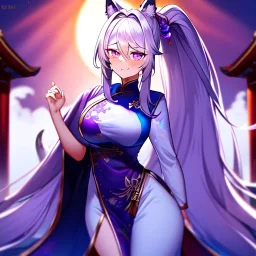 Clear focus, 8k, high quality, detailed, beautiful lighting, fox girl, vibrant colors, white long hair, vibrant purple eyes, chinese clothes, ponytail, nervous