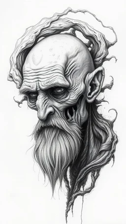 ππ§π€π’π₯π© highly detailed graphite illustration, A surreal old woman figure with exaggerated anatomical features, heavily wrinkled skin, and an intense, contemplative expression. bald head, thick eyebrows, long beard merge into swirling abstract shape. Mysterious, introspective, dreamlike, somewhat dark fantasy. #ππ§πart #prompt