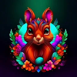 logo design, complex, trippy, bunchy, 3d lighting, squirrel, realistic face, colorful floral scarf, flowers, cut off, modern, symmetrical