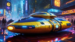 A masterpiece conceptual digital painting of a prototype, experimental hovercraft-Pac-Man hybrid, with ultra-detailed holographic eyes and LED light accents, in a cyberpunk background, Syd Mead art style, sci-fi, cyberpunk, game art, intricate details, HDR, beautifully shot, hyperrealistic, sharp focus, dim foul lighting, 64 megapixels, perfect composition, high contrast, cinematic, atmospheric, moody.