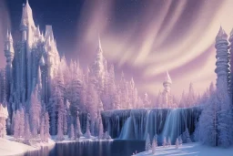  white and gold crystal castle，waterfall, winter snow flakessnow, northern Lights, full of details, smooth, bright sunshine，soft light pink atmosphere,pink sky, light effect，vaporwave colorful, concept art, smooth, extremely sharp detail, finely tuned detail, ultra high definition, 8 k, unreal engine 5, ultra sharp focus