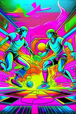 Two players in neon headbands and 80s sportswear diving for a shot in a brightly lit racquetball court. Style: Neon Art, Mood: Energetic and Futuristic (for its time), Lighting: Glowing neon fixtures, T-shirt design graphic, vector, contour, white background.