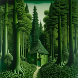 A green forest with a cottage designed in Maori sculptures painted by Rene Magritte