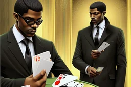 Dashing black man in a suit, holding a deck of cards. There's a young fey dragon with him.