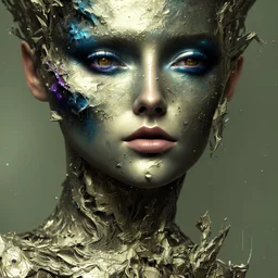 papercut 3d portrait of young woman, dark fantasy, beautiful, dark eyes, dark make up, streaks of paint, paint blobs and smears, paint powder, textured, silver, molten metalics, wild hair, high definition, octane render, 8k, backlit,