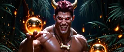 HYPER REALISTIC PHOTOGRAPHIC Middle Angle View Of A Handsome Muscular Young Man With Ritualistic Costume With Bone Necklace Unleashing Glowing Magic Balls, With A Fierce Devilish Smiling Expressions On His Face With Glowing Red Eyes With Short Messy Maroon Hair & Golden Horns In A Dark Dense Jungle At Dark Night With Fireflies Showing Dramatic & Cinematic Ambiance