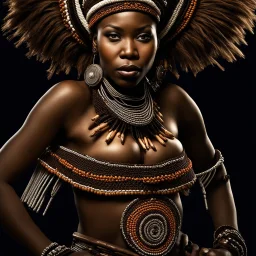 Behold the powerful alluring and pretty zulu woman, her body adorned with the traditional zulu costumes, HDR, beautifully shot, hyperrealistic, sharp focus, 64 megapixels, perfect composition, high contrast, cinematic, atmospheric, moody