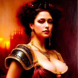 Drawing of beautiful face busty tavern wench,sweet stare,ancient leather armor, balanciaga fashion clothe painting by gaston bussiere, greg rutkowski, yoji shinkawa, yoshitaka amano, tsutomu nihei, donato giancola, tim hildebrandt, oil on canvas, cinematic composition, extreme detail,fit full head inside picture,16k