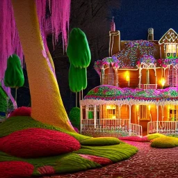 closeup render of rambling, Victorian house made of gingerbread and vibrant candy, cotton candy trees and gumdrop walkway, 8k resolution, centered, high-quality, ultrafine-detail, digital art, detailed matte, volumetric lighting, illustration, 3D octane render, brian froud, howard lyon, greg rutowski, George Grie