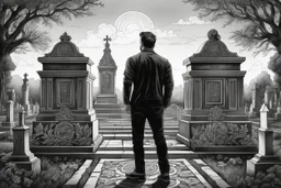 Man standing a front of his mom grave in Cemetery in 8k tattoo drawing style, out of the Frame, intricate details, highly detailed, high details, detailed portrait, masterpiece,ultra detailed, ultra quality