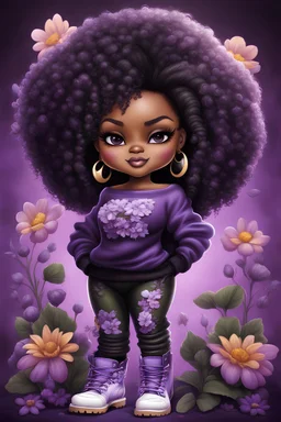 Create an airbrush illustration of chibi cartoon of a voluptuous black female wearing a purple army camouflage pants and a black off the shoulder sweater with timberland boots. Prominent make up with Hazel eyes with a smile . Extremely highly detail black shiny tight curly afro hair. Background of black and purple large flowers surrounding her.