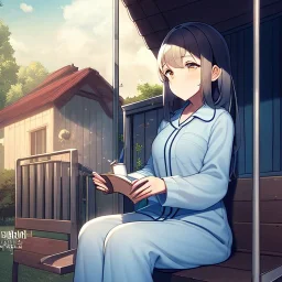 anime girl sitting on a porch swing of an old house, wearing pajamas, drinking a cup of coffee, writing in a book, shes watching it rain, more detail on hands and her face