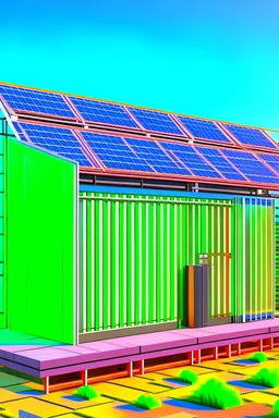 Small energy storage next to the small company with photovoltaics on the roof. Green environment, photo detailed