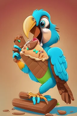 Cartoon parrot eating Choco bar ice cream