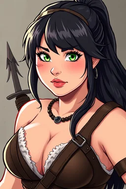 In a realistic, non-anime, vintage cartoon style: Bust shot of 35-year old, chubby Scandinavian dark-haired lady with green eyes and very thick lips who is dressed in the fighting gear like Warrior Princess (i.e. Xena)