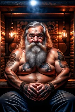 full figure shot photography, beefy burly man , long beard, masculine hairy 55 year old man, long hair, several tattoo, short beard , crossed arms, big shoulders, big arms, closed eyes, ambient occlusion ,sitting in a steamy Sauna, super high resolution, 8k, dim light, ultra hyper realistic, frontal view from the bottom,